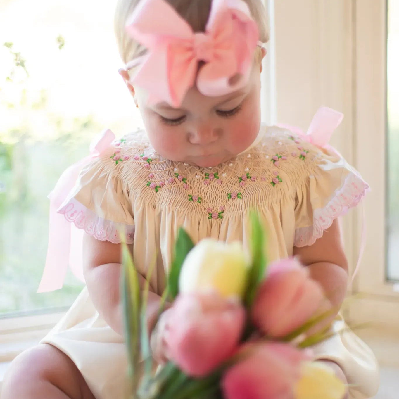 Cream Satin Rosette & Pearls Smocked Bishop Bubble