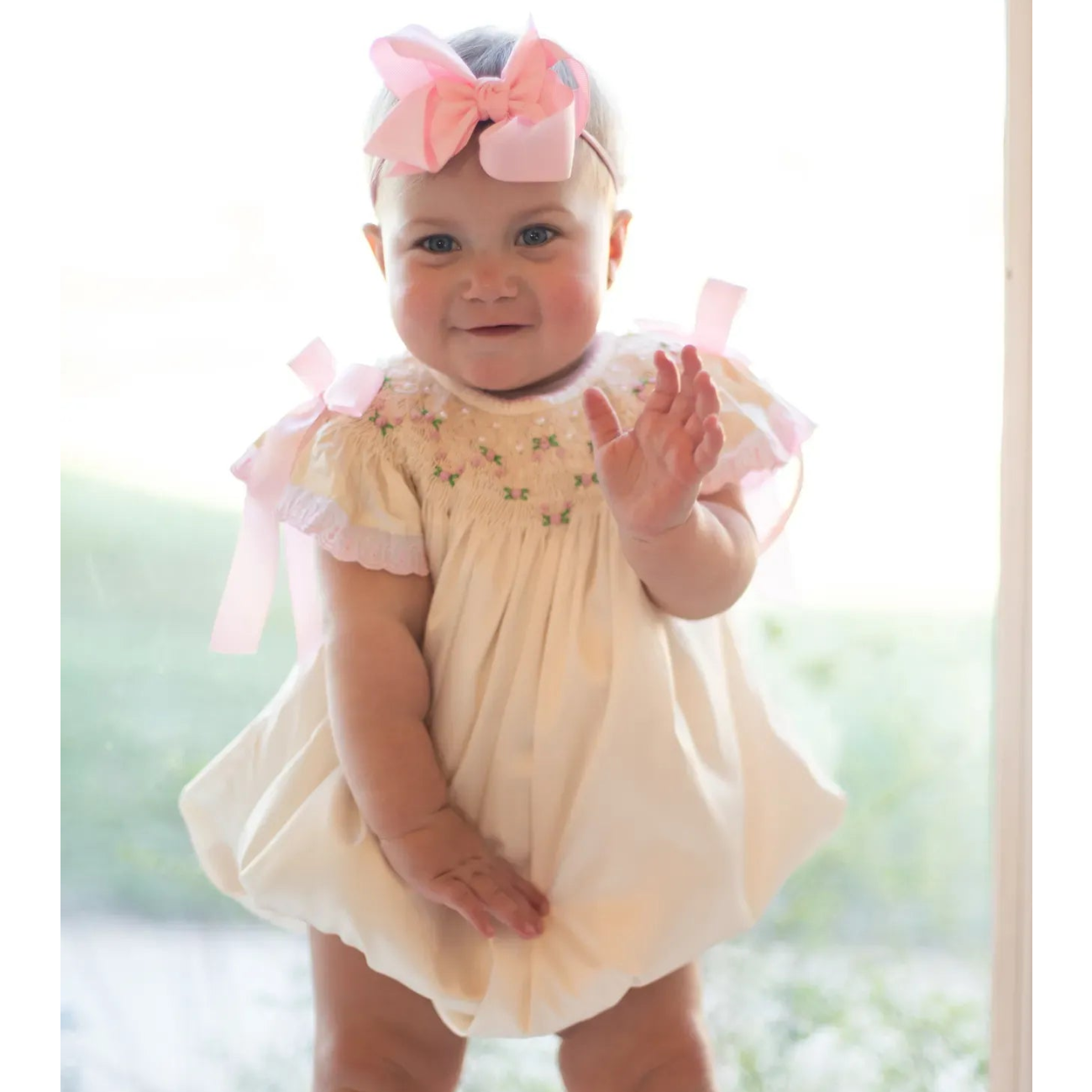 Cream Satin Rosette & Pearls Smocked Bishop Bubble