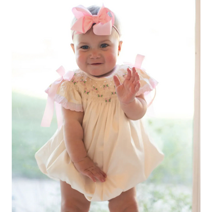 Cream Satin Rosette & Pearls Smocked Bishop Bubble
