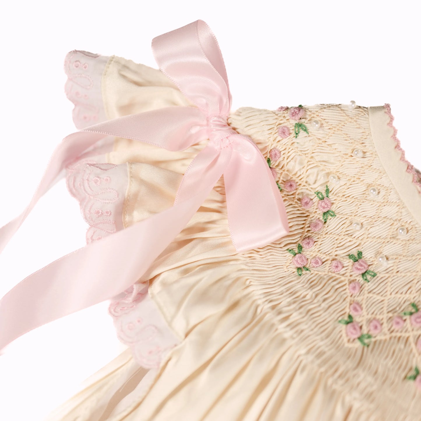 Cream Satin Rosette & Pearls Smocked Bishop Dress