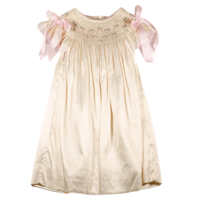 Cream Satin Rosette & Pearls Smocked Bishop Dress