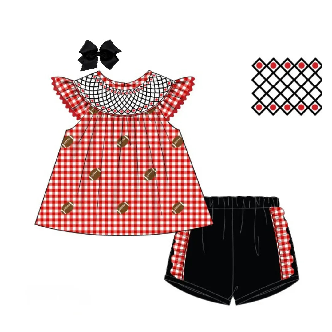 Red Gingham Footballs Smocked Short Set