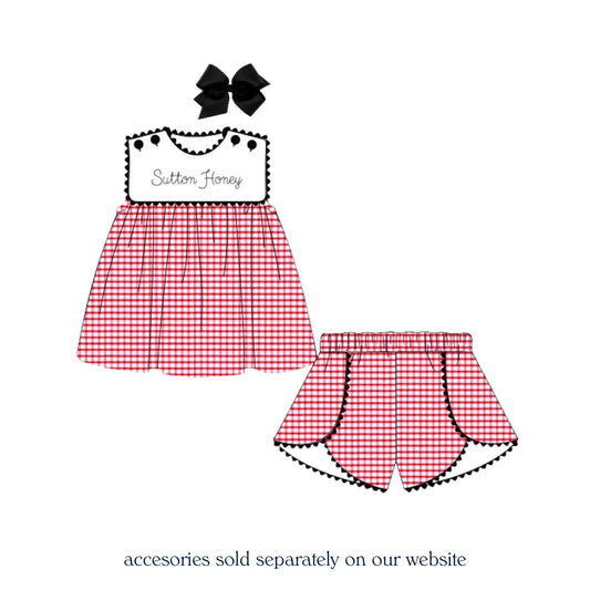 Girls Red Windowpane Bib Short Set