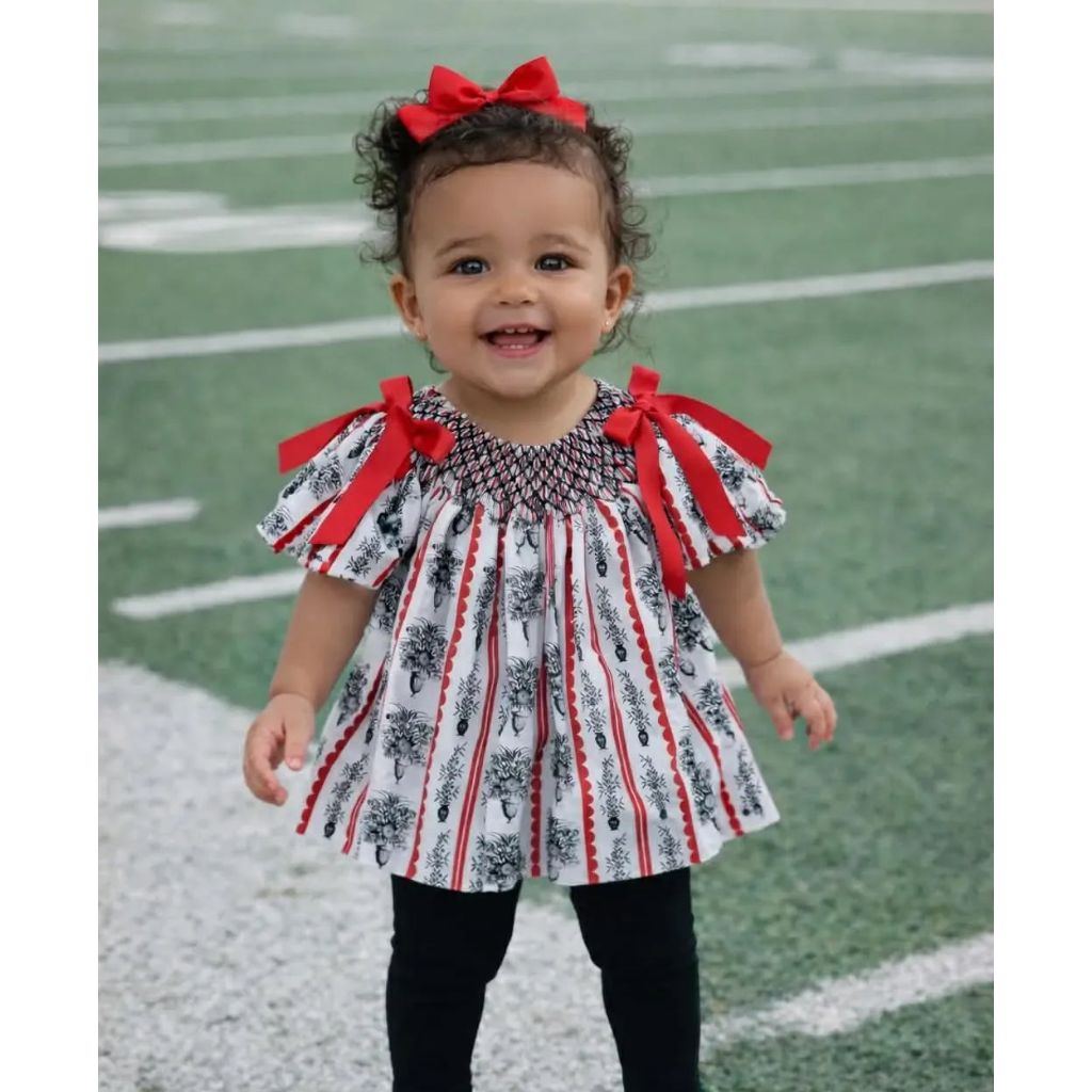 Red & Black Floral Stripes Smocked Legging Set