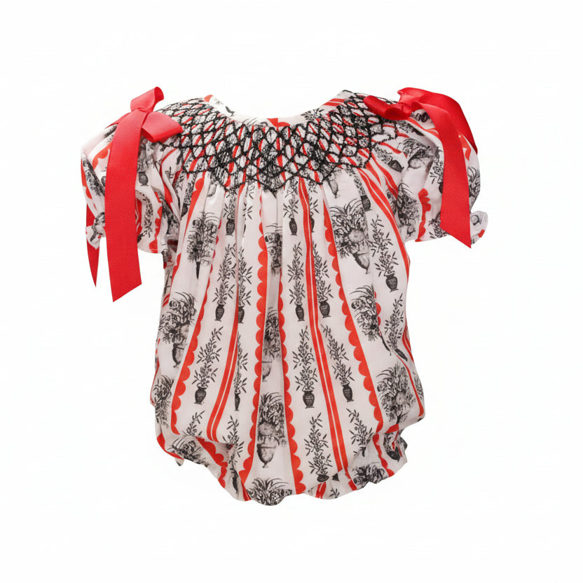 Red & Black Floral Stripes Smocked Bishop Bubble