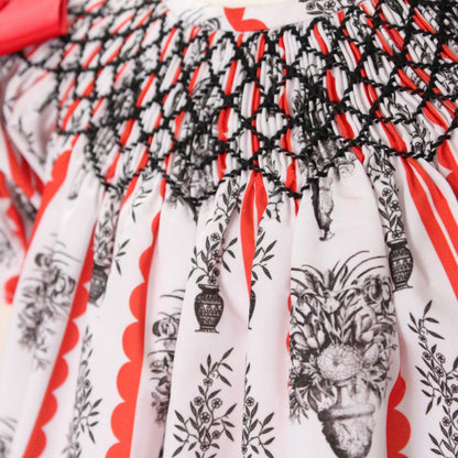 Red & Black Floral Stripes Smocked Bishop Bubble