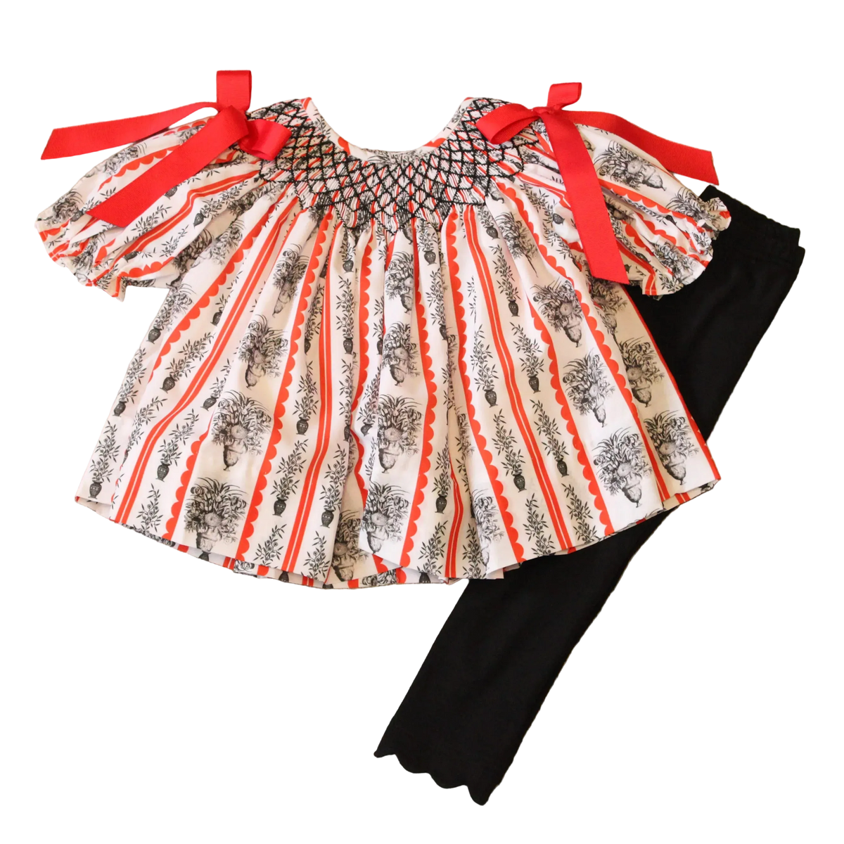 Red & Black Floral Stripes Smocked Legging Set