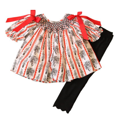 Red & Black Floral Stripes Smocked Legging Set