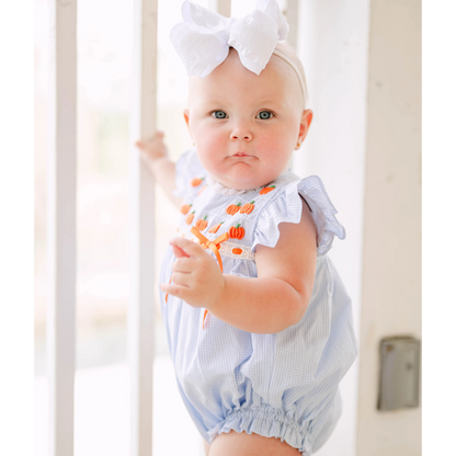 Girls Blue Gingham Bullion Stitch Pumpkins Bubble