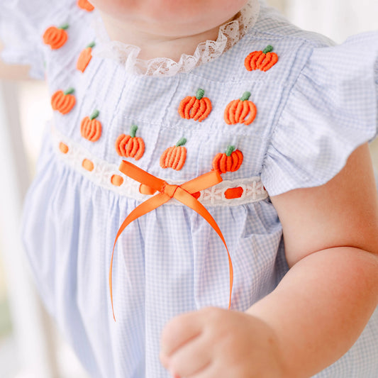 Girls Blue Gingham Bullion Stitch Pumpkins Bubble