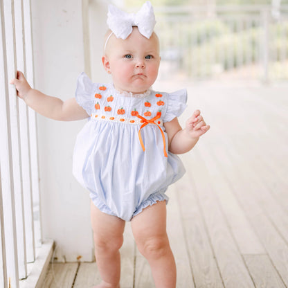Girls Blue Gingham Bullion Stitch Pumpkins Bubble