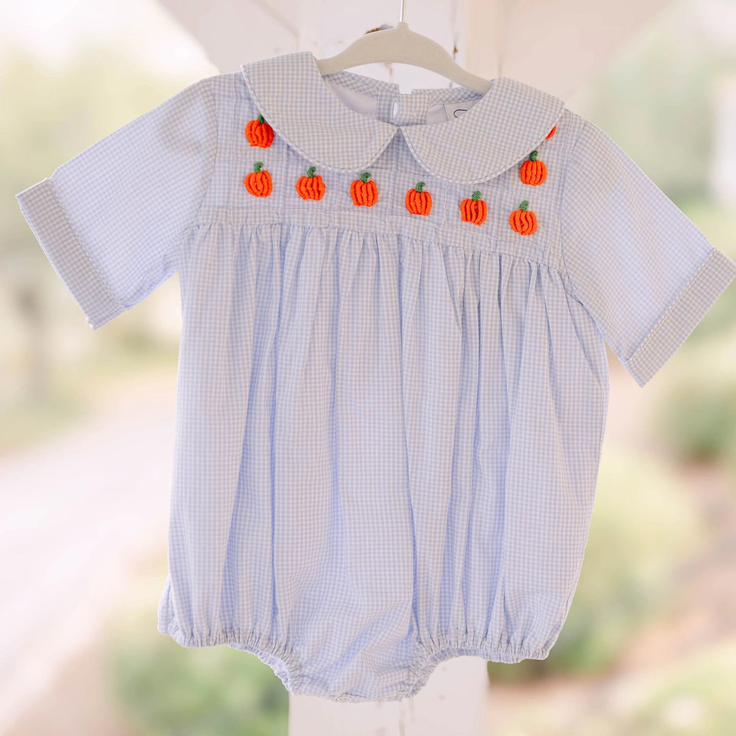Boys Blue Gingham Bullion Stitch Pumpkins Bubble