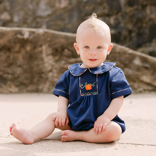 Boys Navy Pumpkin Smocked Bubble