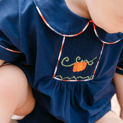 Boys Navy Pumpkin Smocked Bubble
