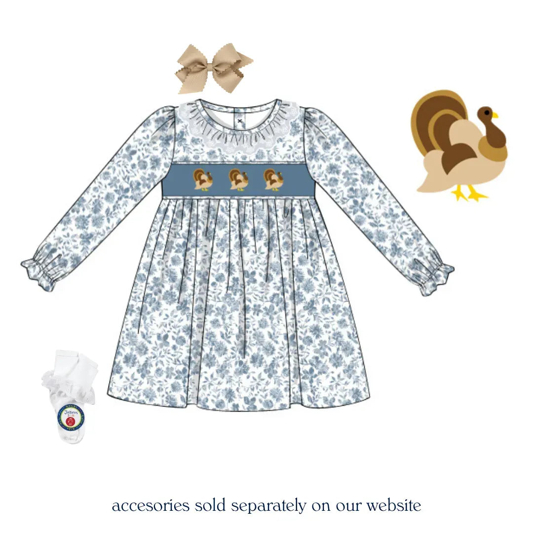 Teal Floral Smocked Turkeys Dress