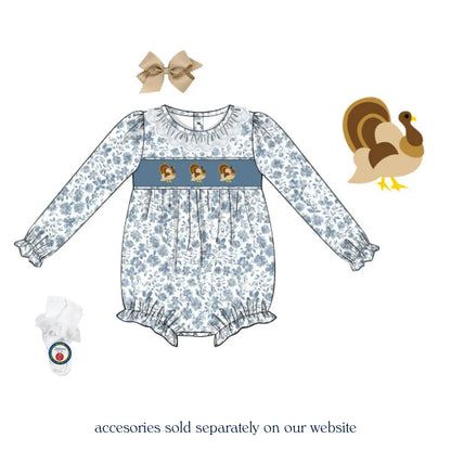 Teal Floral Smocked Turkeys Bubble