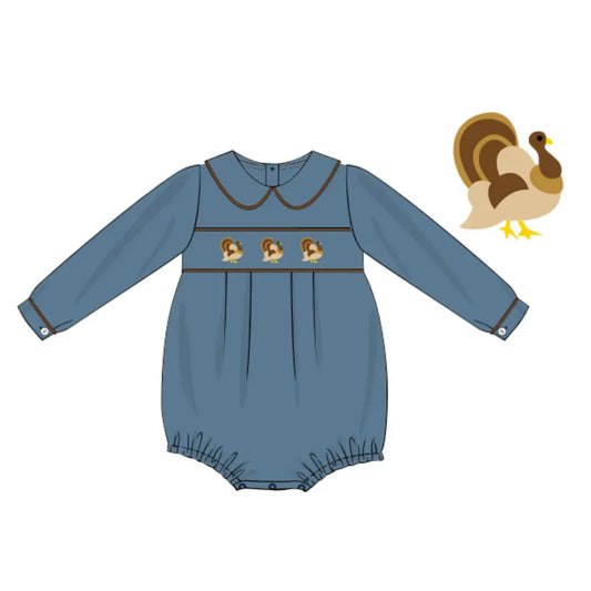 Boys Teal Smocked Turkeys Bubble