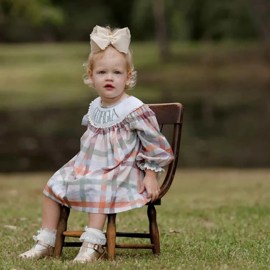 Fall Plaid Name Smocked Bishop Dress