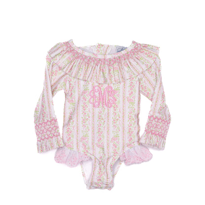 Girls Pink Palm Smocked 1PC Rash Guard