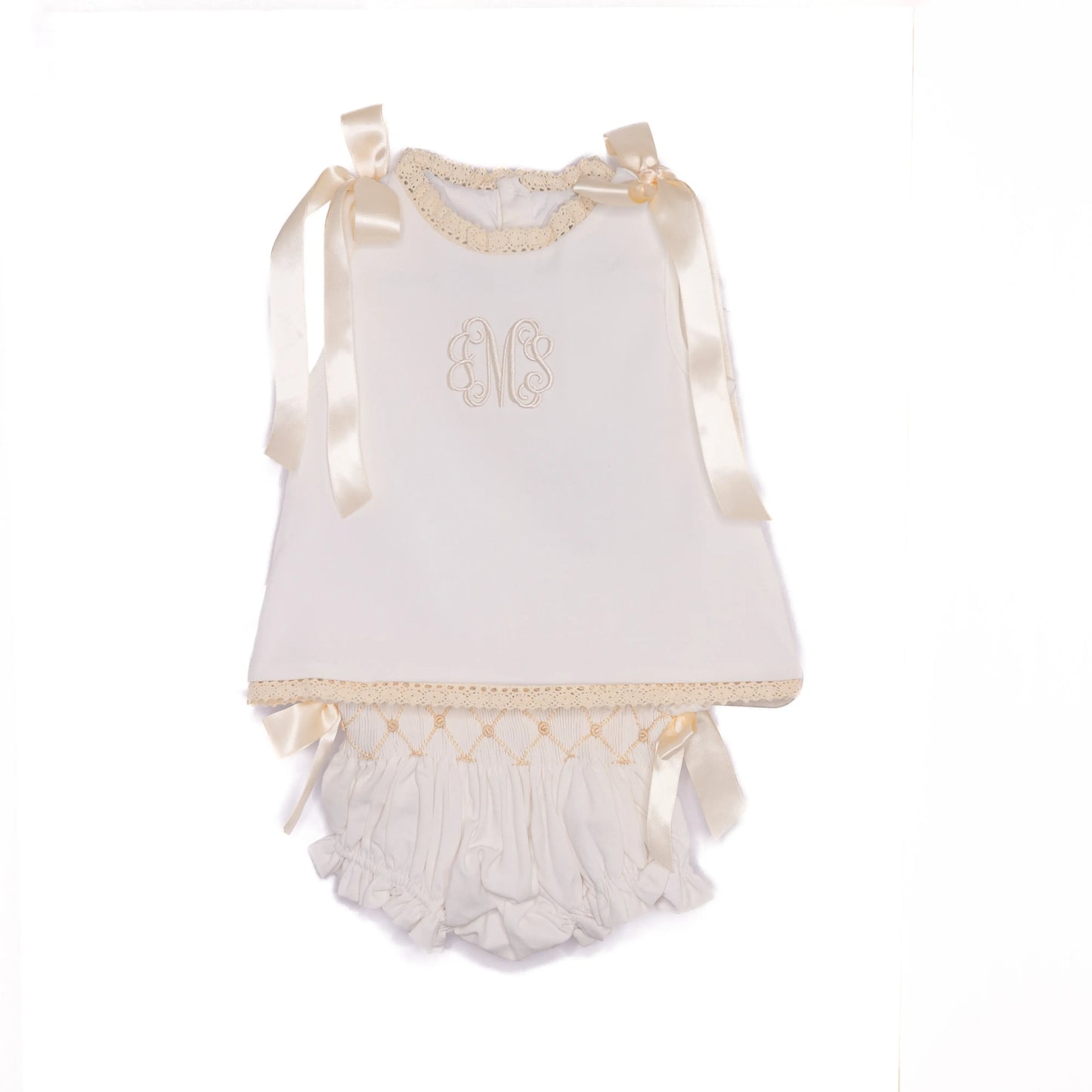 White Cream Heirloom Smocked Diaper Set