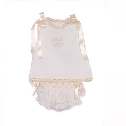 White Cream Heirloom Smocked Diaper Set