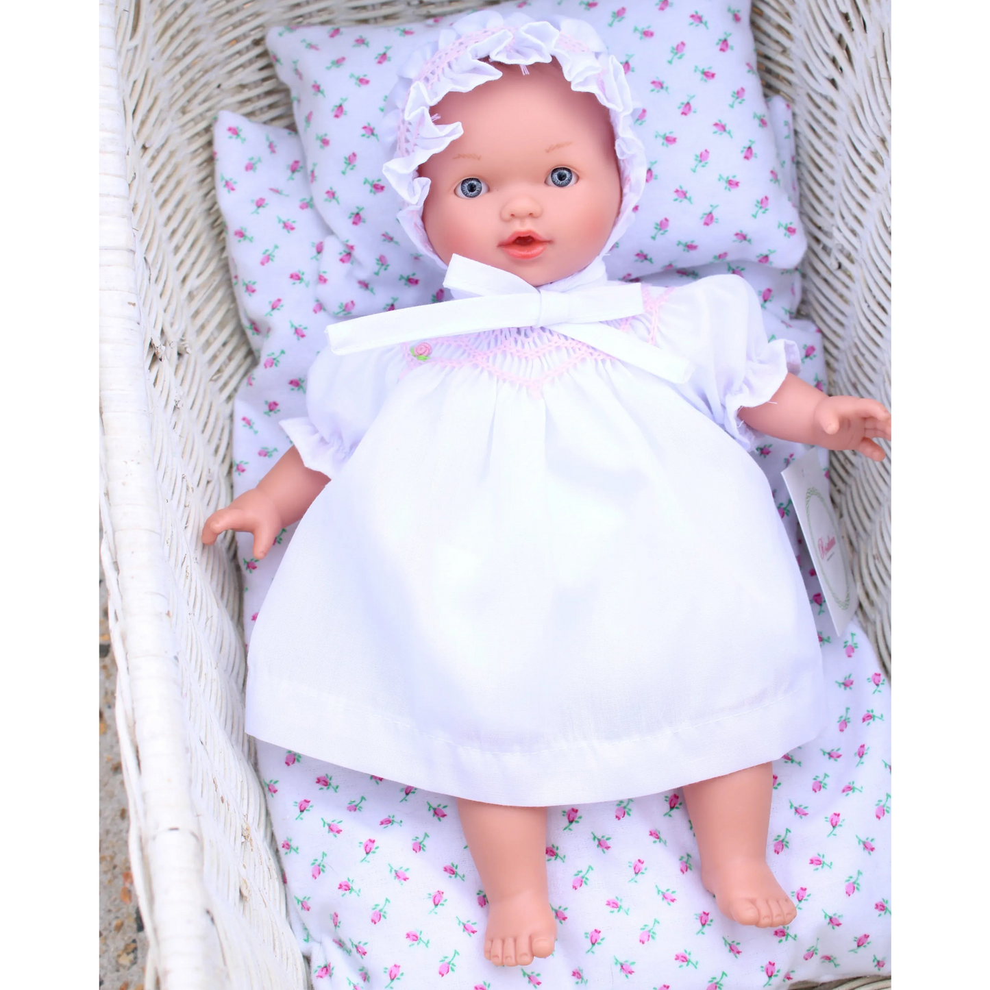 Rosalina Abby Blue Eye 10" Doll w/ White Roselle Smocked Doll Dress & Bonnet