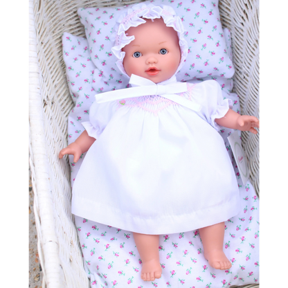 Rosalina Abby Blue Eye 10" Doll w/ White Roselle Smocked Doll Dress & Bonnet