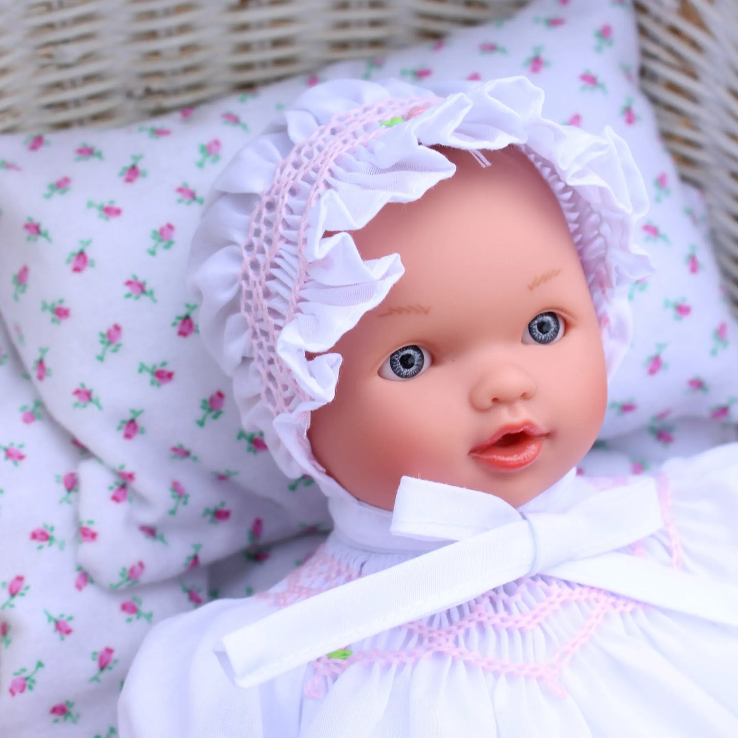 Rosalina Abby Blue Eye 10" Doll w/ White Roselle Smocked Doll Dress & Bonnet