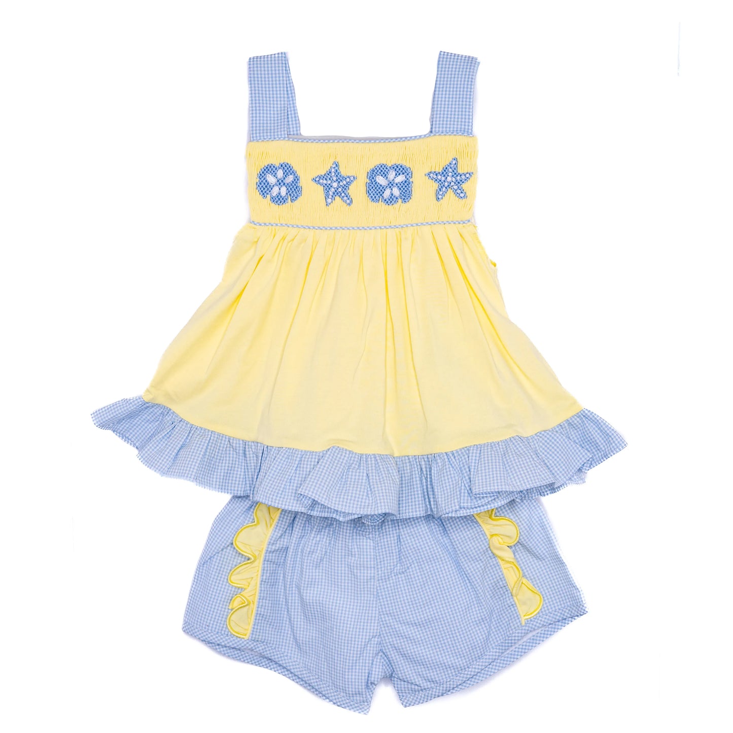 Girls Yellow & Blue Seashells Smocked Short Set