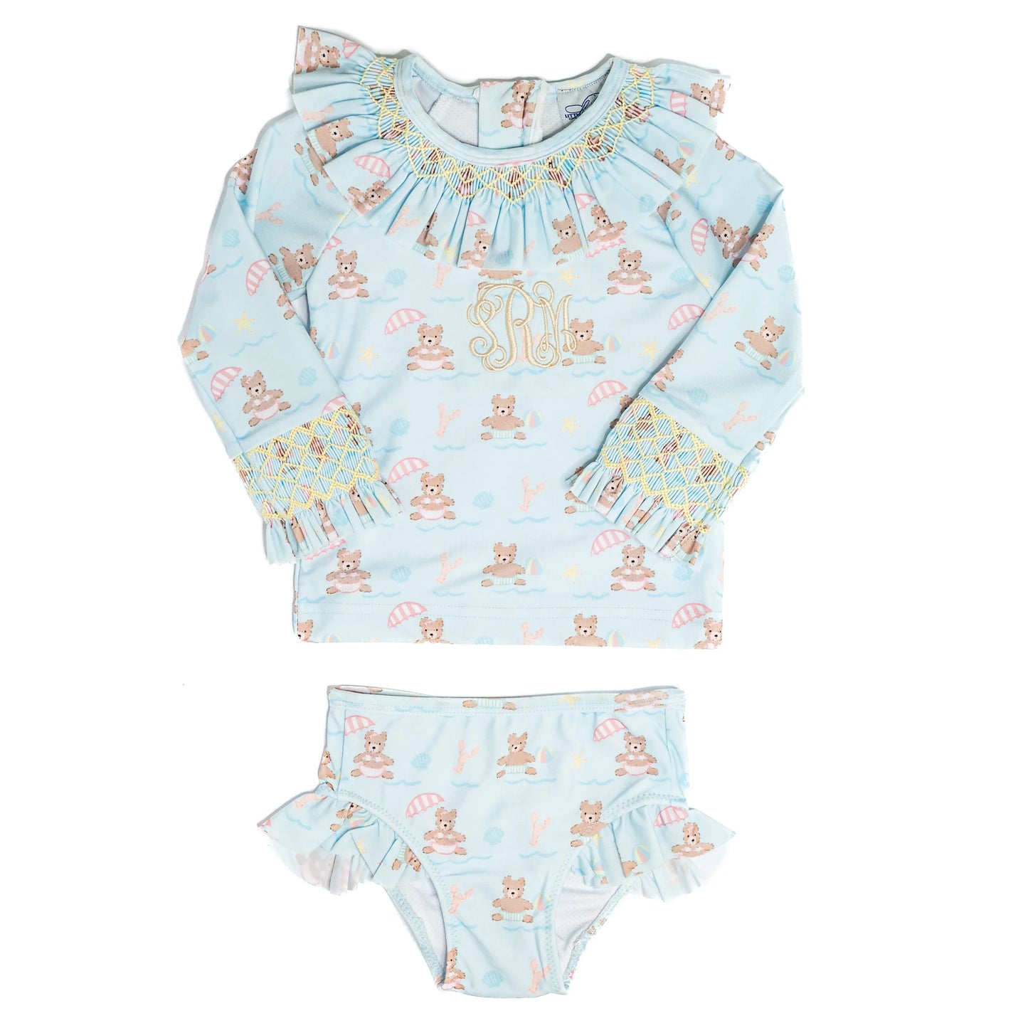 Girls Beach Teddy Bears Smocked 2PC Rash Guard