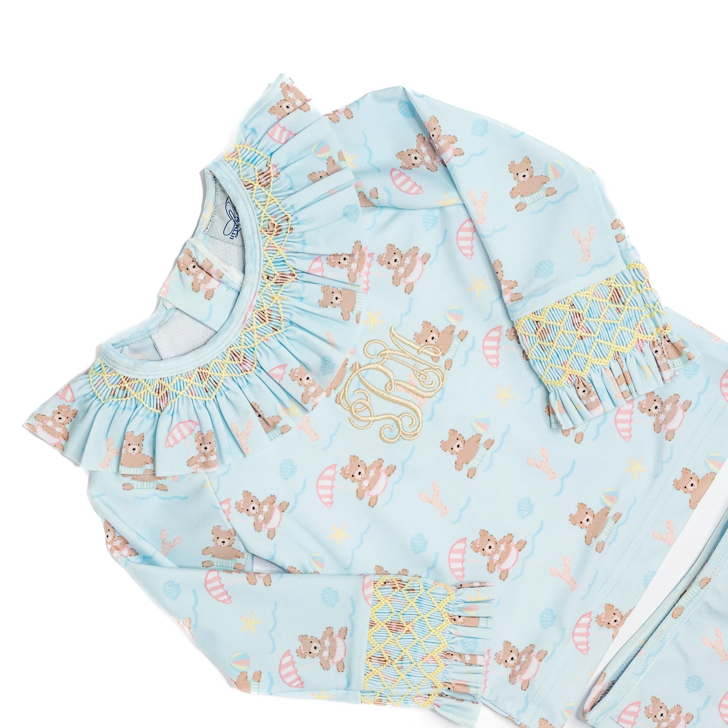 Girls Beach Teddy Bears Smocked 2PC Rash Guard