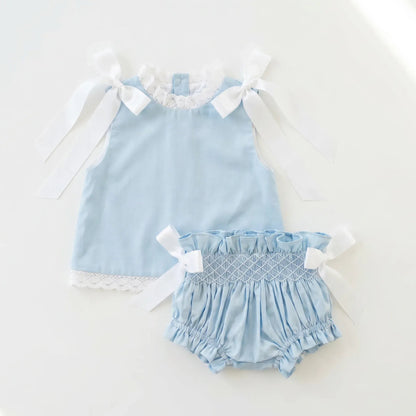 Blue Heirloom Smocked Diaper Set