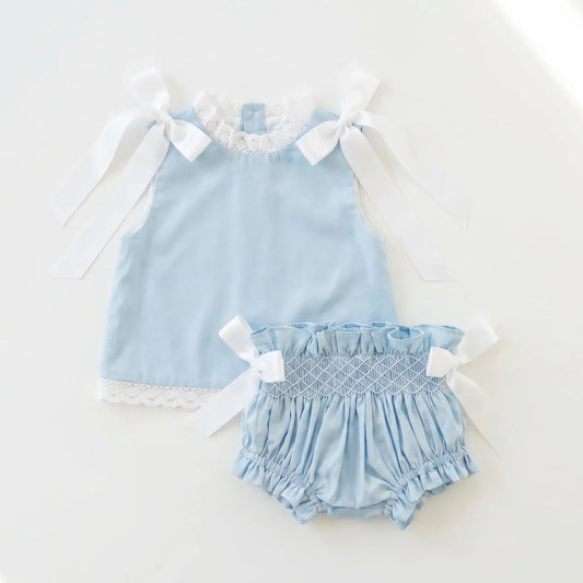 Blue Heirloom Smocked Diaper Set