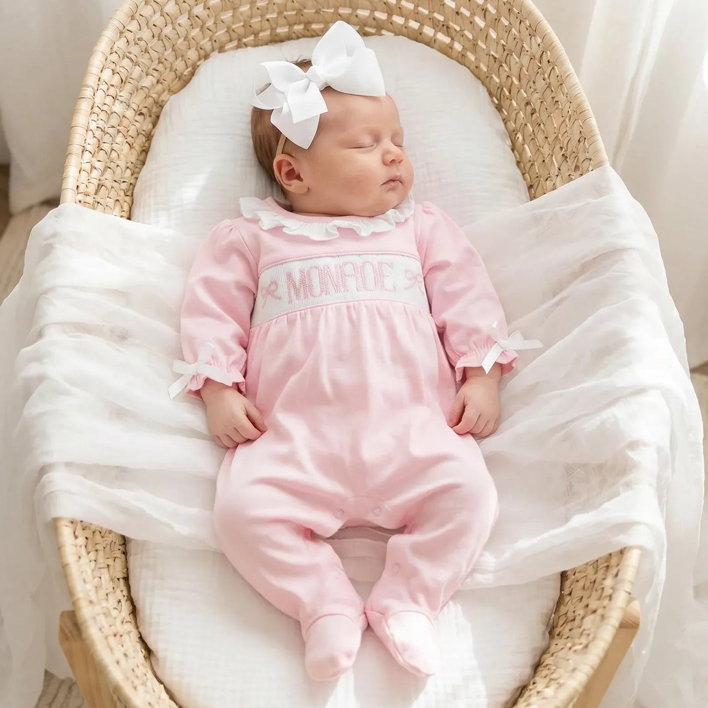 Pink Bow Name Smocked Knit Footie