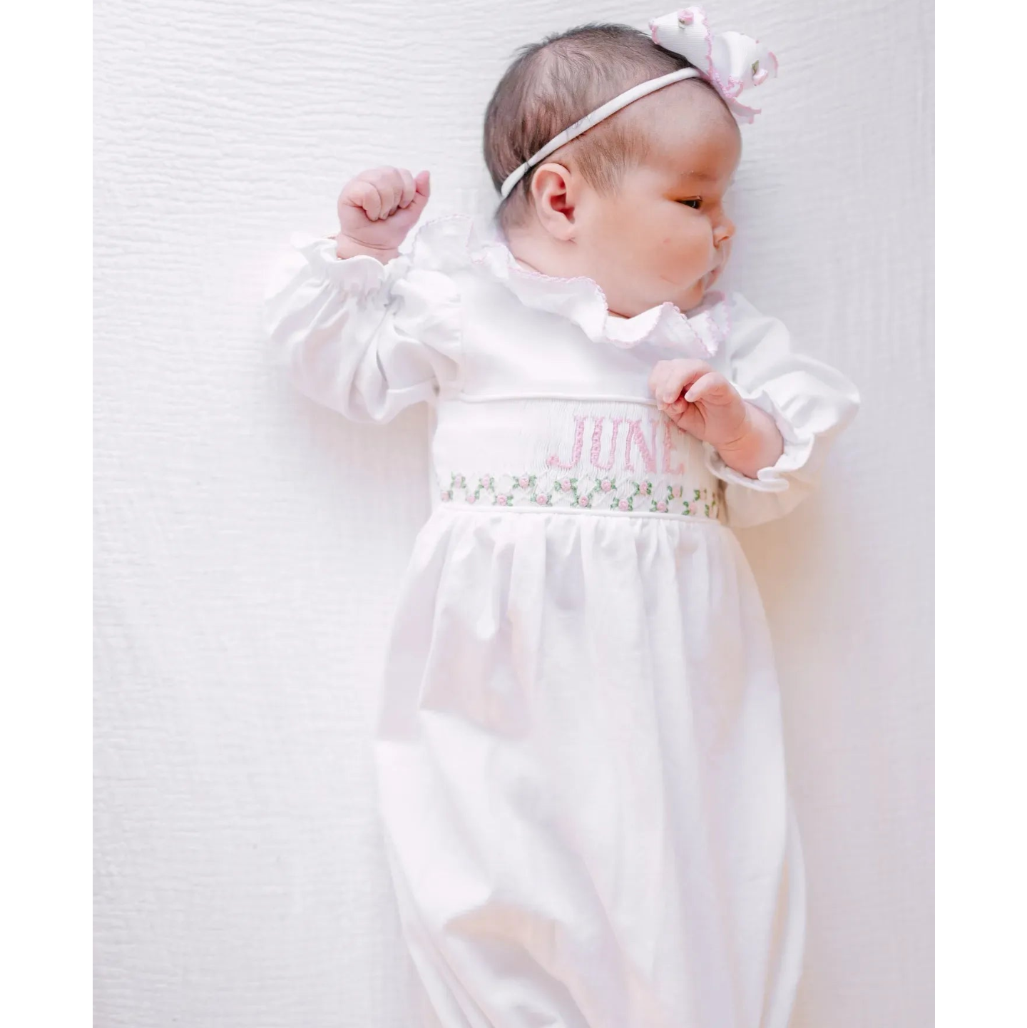 Girls Pink & White Name Smocked Infant Knit Gown