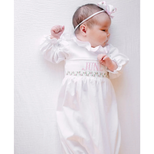Girls Pink & White Name Smocked Infant Knit Gown