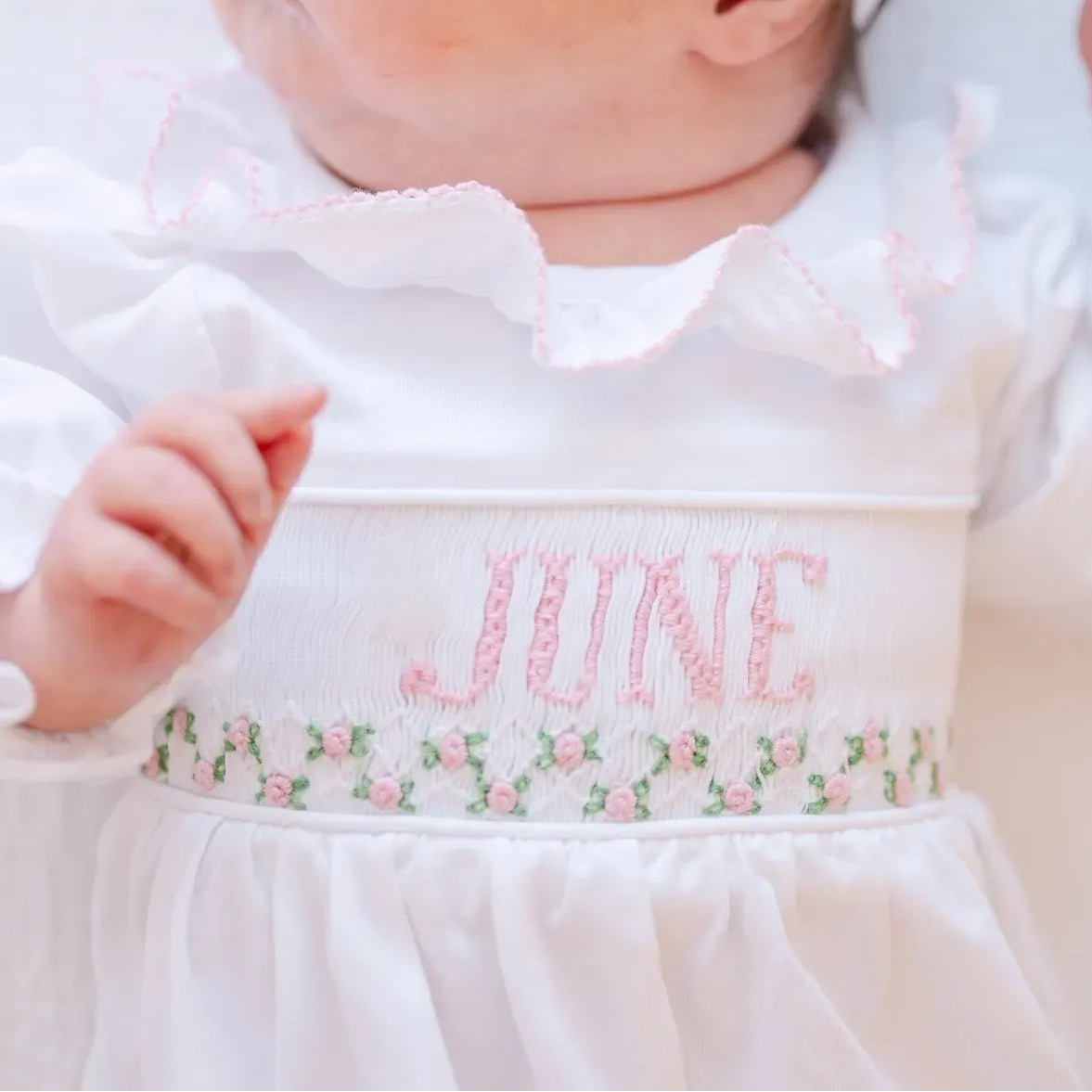 Girls Pink & White Name Smocked Infant Knit Gown