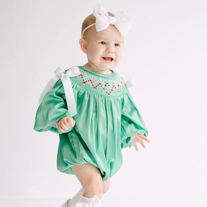 Green Satin Rosette & Pearls Smocked Bishop Bubble