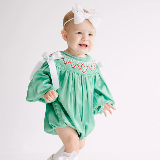 Green Satin Rosette & Pearls Smocked Bishop Bubble