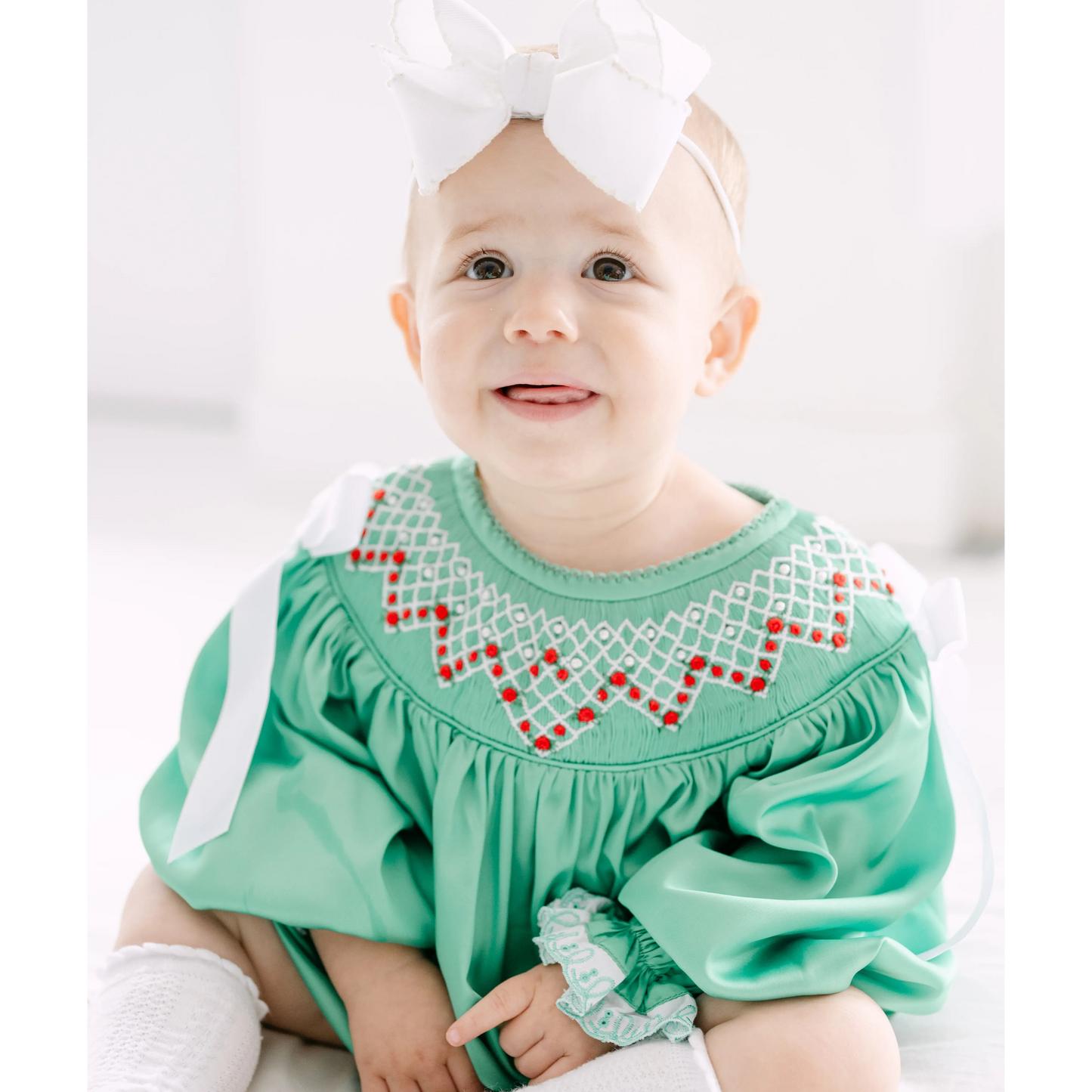 Green Satin Rosette & Pearls Smocked Bishop Bubble