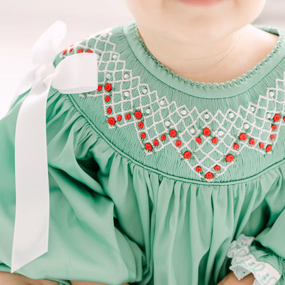 Green Satin Rosette & Pearls Smocked Bishop Bubble