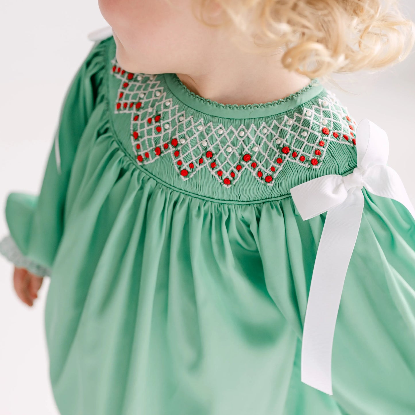 Green Satin Rosette & Pearls Smocked Bishop Dress