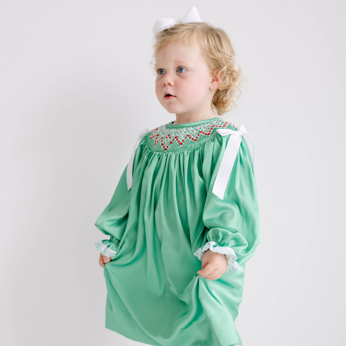 Green Satin Rosette & Pearls Smocked Bishop Dress
