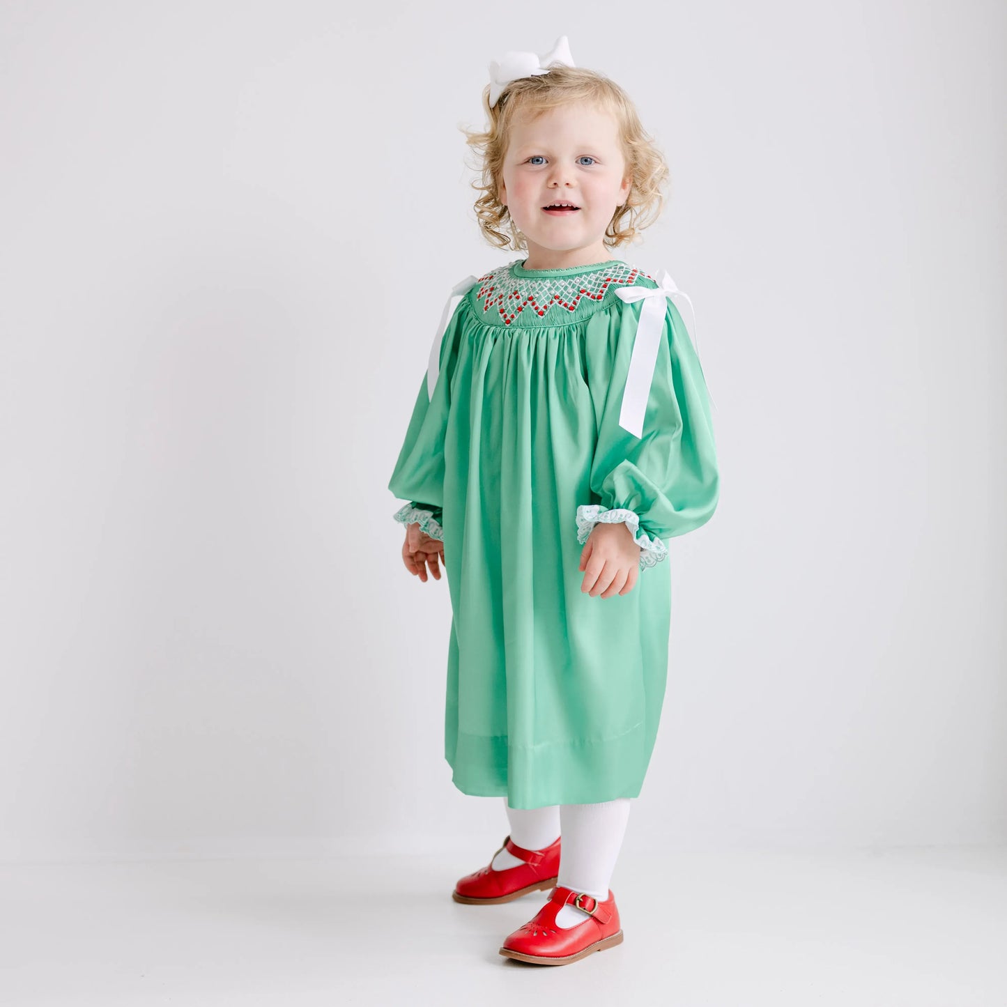 Green Satin Rosette & Pearls Smocked Bishop Dress