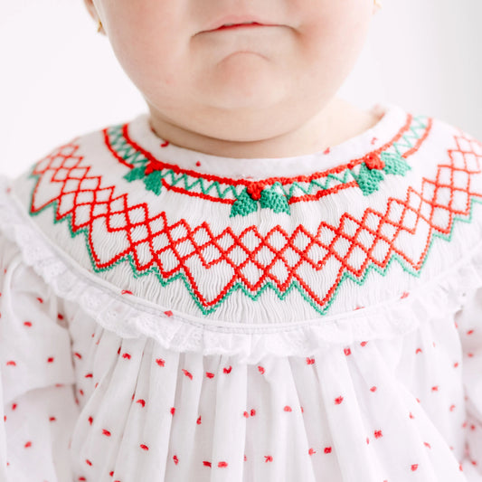 Classic Red & Green Swiss Dot Smocked Bishop Dress