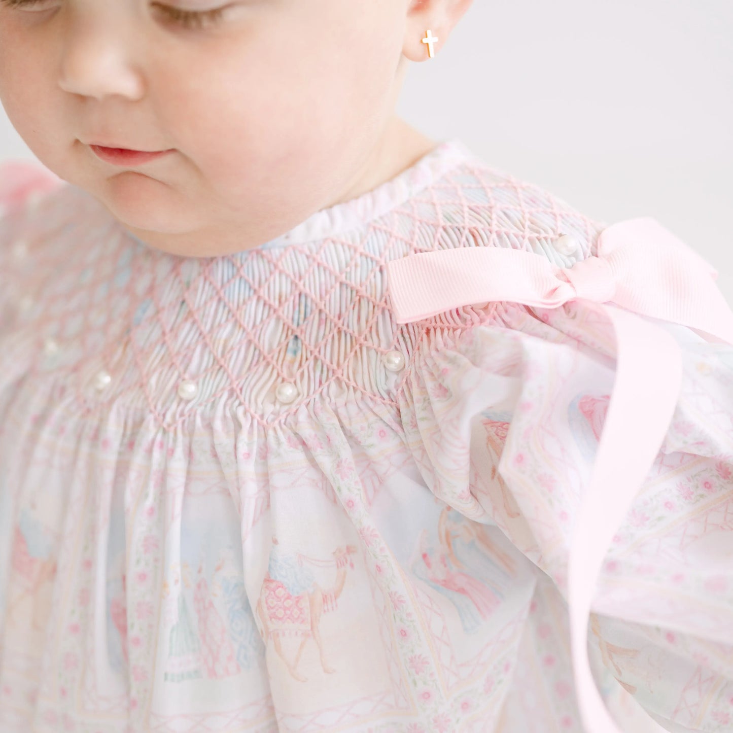 Nativity Geometric & Pearls Smocked Bishop Legging Set