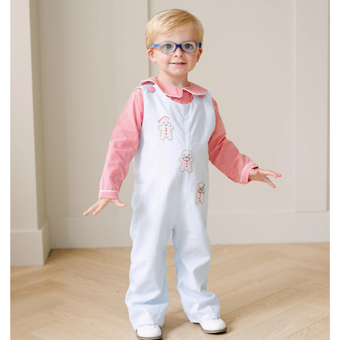 Boys Blue & Red Shadow Embroidered Gingerbread Men Longall & Shirt