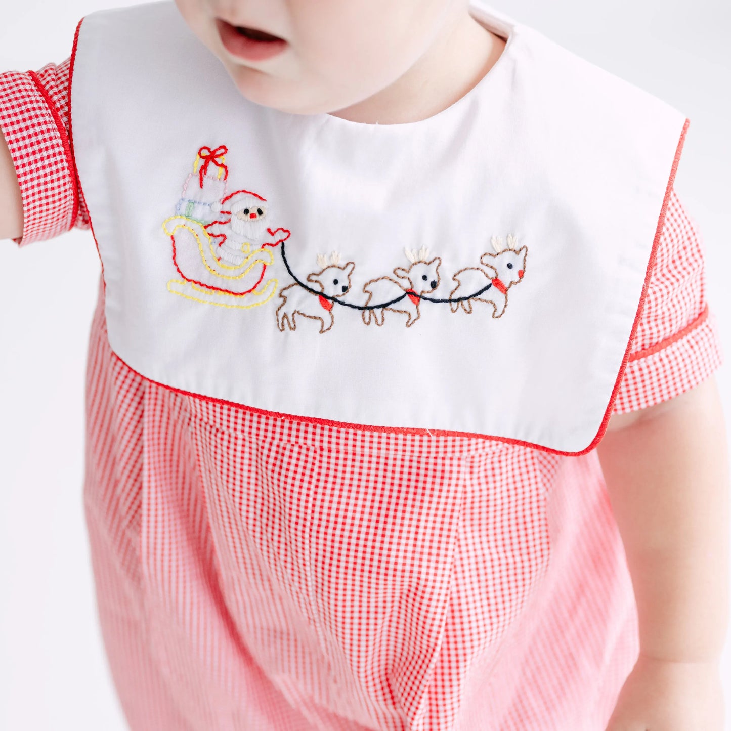 Boys Red Gingham Shadow Embroidered Santa's Sleigh Long Romper