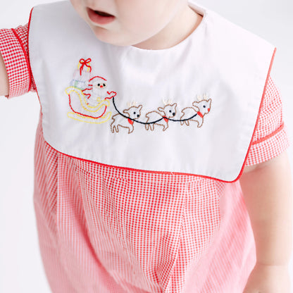 Boys Red Gingham Shadow Embroidered Santa's Sleigh Long Romper