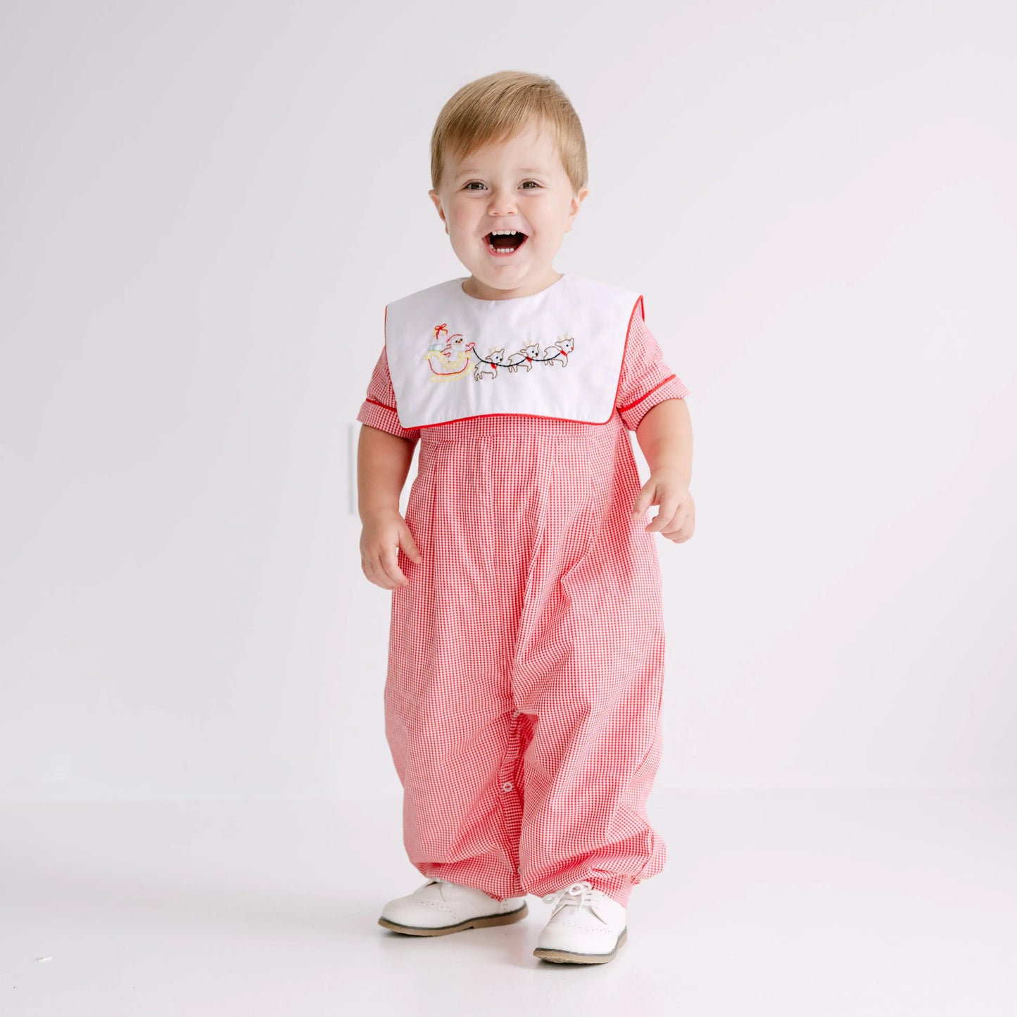 Boys Red Gingham Shadow Embroidered Santa's Sleigh Long Romper